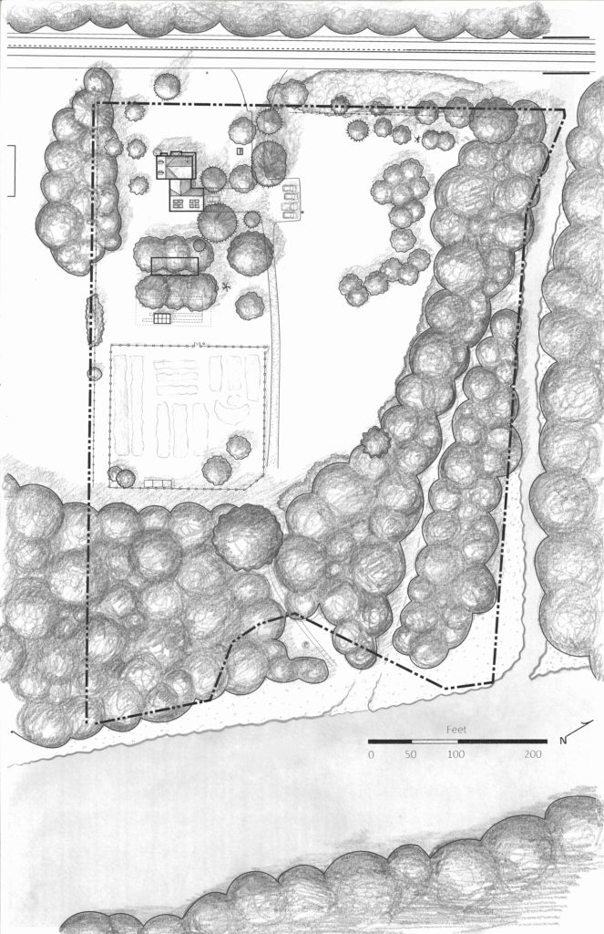 A map of the Blue House property shows a birds-eye-view of existing conditions. This map was made using a combination of hand-drawn and digital techniques. Photo credit: Faren Worthington & Oliver Osnoss